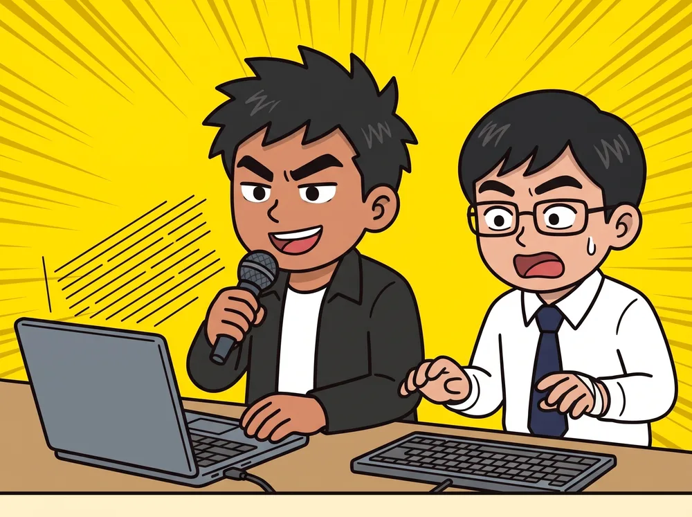 マイクでしゃべると画面に文字が出て、打つ奴が驚いている