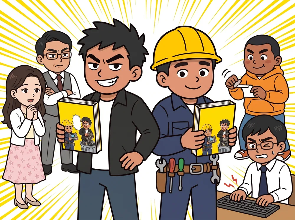 漫画の本を掲げる口先野郎と作る奴