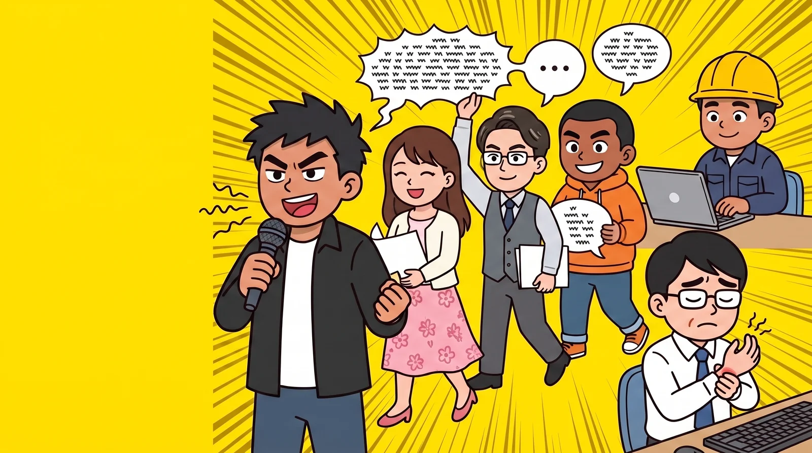 マイクでしゃべる口先野郎と、言葉を運ぶ仲間たち、パソコンで作業する作る奴